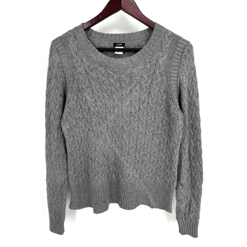 Vintage J Crew‎ Cable Knit Sweater Women L Wool Angora Rabbit Hair Gray Preppy